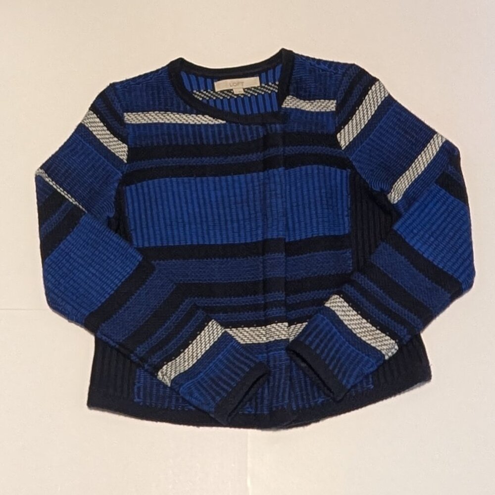 Loft Tailored Zip Front Sweater Jacket/Cardigan.  Blue, Black & White.  Size S